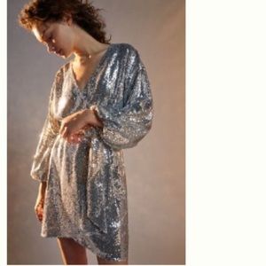 Silver sequined long sleeved Anthropologie wrap dress. NWT, never worn!